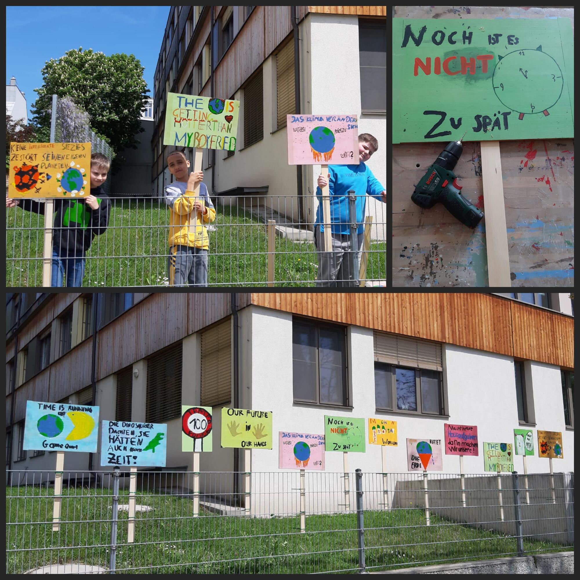 Klimademo-Schilder für den Schulzaun: Wir haben uns in der Schule schon viel mit Klimaschutz beschäftigt, zB Dokus geschaut, gelesen, darüber geredet. Dann haben wir uns viele Ideen aus dem Internet für Schilder und Sprüche überlegt. Das hat Spaß gemacht! Wir hoffen, das viele Menschen die Schilder anschauen und ihr Verhalten ändern!